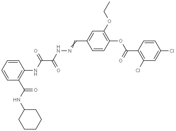 4-((E)-{[{2-[(CYCLOHEXYLAMINO)CARBONYL]ANILINO}(OXO)ACETYL]HYDRAZONO}METHYL)-2-ETHOXYPHENYL 2,4-DICHLOROBENZOATE Struktur