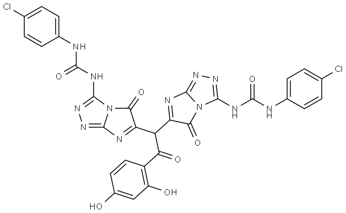 N-{6-[1-(3-{[(4-CHLOROANILINO)CARBONYL]AMINO}-5-OXO-5H-IMIDAZO[2,1-C][1,2,4]TRIAZOL-6-YL)-2-(2,4-DIHYDROXYPHENYL)-2-OXOETHYL]-5-OXO-5H-IMIDAZO[2,1-C][1,2,4]TRIAZOL-3-YL}-N'-(4-CHLOROPHENYL)UREA Struktur