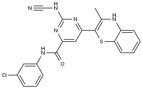 N-(3-CHLOROPHENYL)-2-(CYANOAMINO)-6-(3-METHYL-4H-1,4-BENZOTHIAZIN-2-YL)-4-PYRIMIDINECARBOXAMIDE Struktur