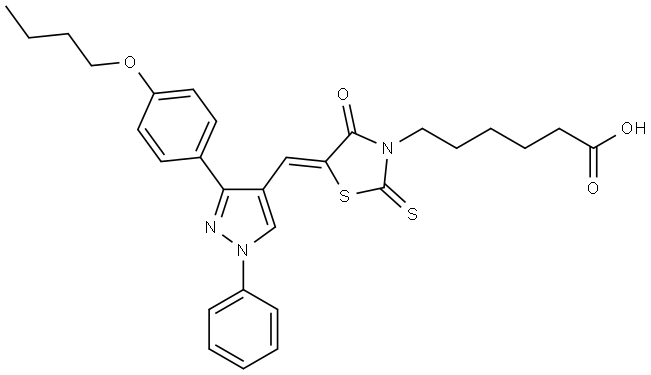 6-((5Z)-5-{[3-(4-BUTOXYPHENYL)-1-PHENYL-1H-PYRAZOL-4-YL]METHYLENE}-4-OXO-2-THIOXO-1,3-THIAZOLIDIN-3-YL)HEXANOIC ACID Struktur