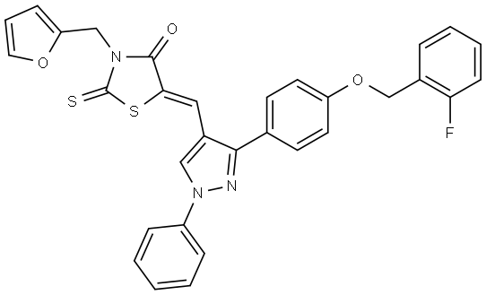 (5Z)-5-[(3-{4-[(2-FLUOROBENZYL)OXY]PHENYL}-1-PHENYL-1H-PYRAZOL-4-YL)METHYLENE]-3-(2-FURYLMETHYL)-2-THIOXO-1,3-THIAZOLIDIN-4-ONE Struktur