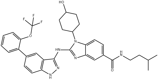 1-(4-Hydroxycyclohexyl)-2-[[5-(2-trifluoromethoxyphenyl)-1H-indazol-3-yl]amino]-1H-benzimidazole-5-carboxylic acid (3-methylbutyl)amide Struktur