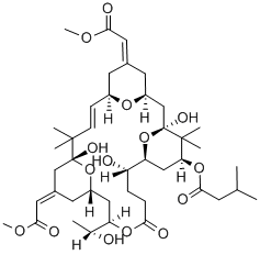 Butanoic acid, 3-methyl-, (1S,3S,5Z,7R,8E,11R,13E,15S,17R,21R,23R,25S)-1,11,21-trihydroxy-17-(1R)-1-hydroxyethyl-5,13-bis(2-methoxy-2-oxoethylidene)-10,10,26,26-tetramethyl-19-oxo-18,27,28,29-tetraoxatetracyclo21.3.1.13,7.111,15nonacos-8-en-25-yl ester Struktur