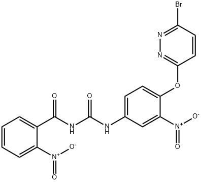 N-[[4-(6-bromopyridazin-3-yl)oxy-3-nitro-phenyl]carbamoyl]-2-nitro-ben zamide Struktur