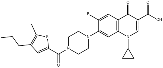 3-Quinolinecarboxylic acid, 1-cyclopropyl-6-fluoro-1,4-dihydro-7-[4-[(5-Methyl-4-propyl-2-thienyl)carbonyl]-1-piperazinyl]-4-oxo- Struktur