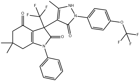 1H-INDOLE-2,4-DIONE, 3-[2,5-DIHYDRO-3-METHYL-5-OXO-1-[4-(TRIFLUOROMETHOXY)PHENYL]-1H-PYRAZOL-4-YL]-3,5,6,7-TETRAHYDRO-6,6-DIMETHYL-1-PHENYL-3-(TRIFLUOROMETHYL)- Struktur