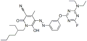 3-Cyano-5-[3-[4-(diethylamino)-6-fluoro-1,3,5-triazin-2-yloxy]phenylazo]-1-(2-ethylhexyl)-6-hydroxy-4-methyl-2(1H)-pyridone Struktur