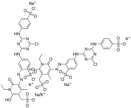 3-Pyridinemethanesulfonic acid, 5-5-4-chloro-6-(4-sulfophenyl)amino-1,3,5-triazin-2-ylamino-2-sulfophenylazo-1-ethyl-1,6-dihydro-2-hydroxy-4-methyl-6-oxo-, potassium sodium salt Struktur