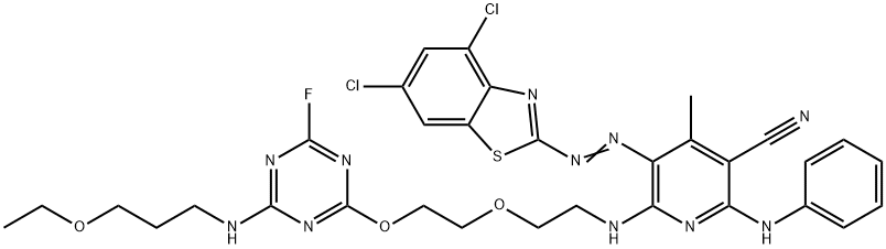 2-(Phenylamino)-5-[(4,6-dichlorobenzothiazole-2-yl)azo]-6-[[2-[2-[[4-[(3-ethoxypropyl)amino]-6-fluoro-1,3,5-triazine-2-yl]oxy]ethoxy]ethyl]amino]-4-methyl-3-pyridinecarbonitrile Struktur