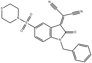 2-[(1-Benzyl-2-oxo-5-(thiomorpholinosulfonyl)indolin-3-ylidene]malononitrile Struktur