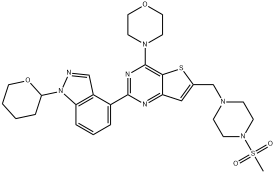 4-(6-((4-(Methylsulfonyl)piperazin-1-yl)Methyl)-2-(2-(tetrahydro-2H-pyran-2-yl)-2H-indazol-4-yl)thieno[3,2-d]pyriMidin-4-yl)Morpholine Struktur