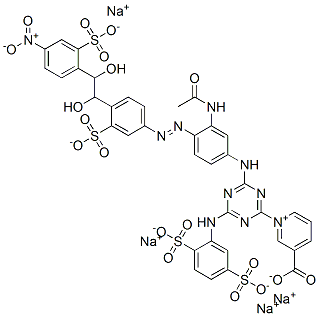 (tetrasodium 1-(4-(3-acetamido-4-(4'-nitro-2,2'-disulfonatostilben-4-ylazo)anilino)-6-(2,5-disulfonatoanilino)-1,3,5-triazin-2-yl)-3-carboxypyridinium) hydroxide Struktur