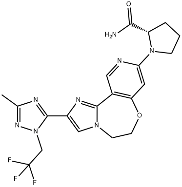 (S)-1-(2-(3-Methyl-1-(2,2,2-trifluoroethyl)-1H-1,2,4-triazol-5-yl)-5,6-dihydroiMidazo[1,2-d]pyrido[3,4-f][1,4]oxazepin-9-yl)pyrrolidine-2-carboxaMide Struktur