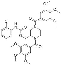 Carbamic acid, (2-chlorophenyl)-, (1,4-bis(3,4,5-trimethoxybenzoyl)-2- piperazinyl)methyl ester Struktur