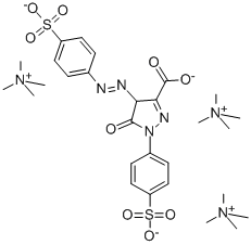 Methanaminium, N,N,N-trimethyl-, salt with 4,5-dihydro-5-oxo-1-(4-sulfophenyl)-4-(4-sulfophenyl)azo-1H-pyrazole-3-carboxylic acid (3:1) Struktur