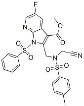 1H-Pyrrolo[2,3-b]pyridine-3-carboxylic acid, 2-[[(cyanoMethyl)[(4-Methylphenyl)sulfonyl]aMino]Methyl]-5-fluoro-1-(phenylsulfonyl)-, Methyl ester Struktur