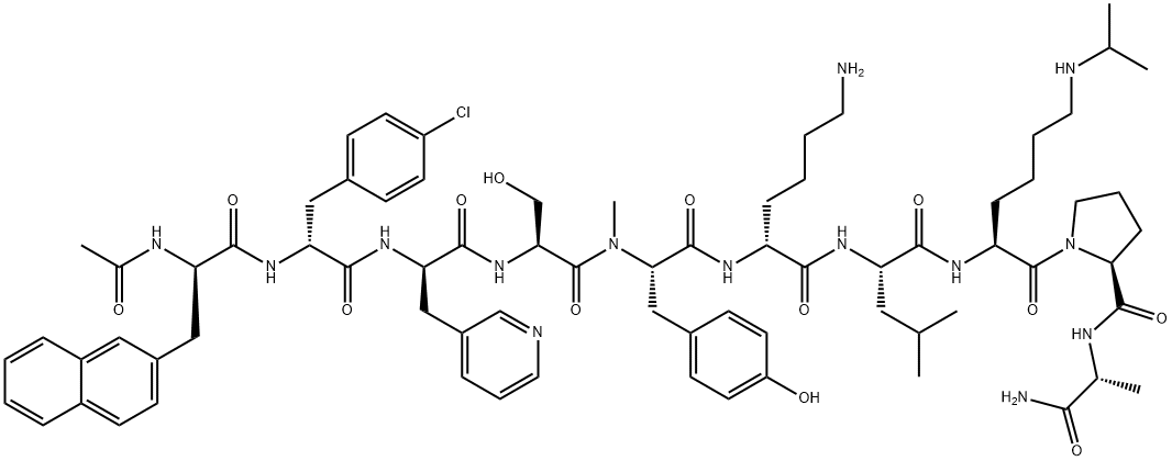 N-acetyl-2-naphthylalanyl-4-chlorophenyalanyl-3-pyridylalanyl-seryl-N-methyltyrosyl-lysyl-leucyl-lysyl-prolyl-alaninamide Struktur