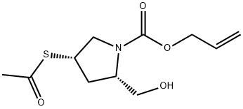 1-Pyrrolidinecarboxylic acid, 4-(acetylthio)-2-(hydroxymethyl)-, 2-propen-1-yl ester, (2S,4S)- Struktur