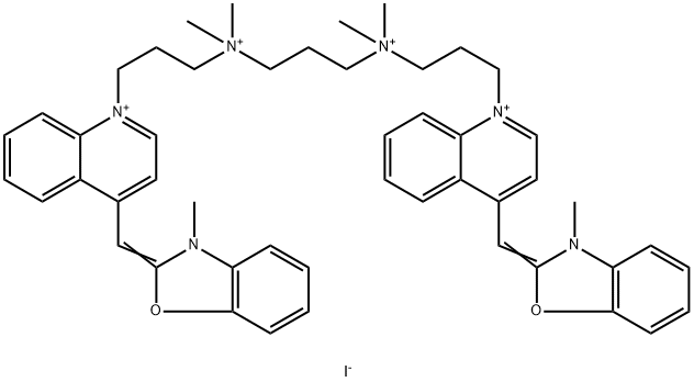 2-([1-(3-[[3-(DIMETHYL(3-[4-[(E)-(3-METHYL-1,3-BENZOXAZOL-3-IUM-2-YL)METHYLIDENE]-1(4H)-QUINOLINYL]PROPYL)AMMONIO)PROPYL](DIMETHYL)AMMONIO]PROPYL)-4(1H)-QUINOLINYLIDENE]METHYL)-3-METHYL-1,3-BENZOXAZOL-3-IUM TETRAIODIDE Struktur