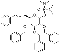 2,3,4,6-TETRA-O-BENZYL-ALPHA-D-GLUCOPYRANOSYL N,N,N',N'-TETRAMETHYLPHOSPHORODIAMIDATE Struktur