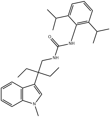 3-(2,6-dipropan-2-ylphenyl)-1-[2-ethyl-2-(1-methylindol-3-yl)butyl]ure a Struktur