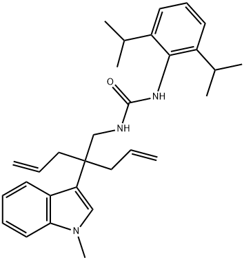 3-(2,6-dipropan-2-ylphenyl)-1-[2-(1-methylindol-3-yl)-2-prop-2-enyl-pe nt-4-enyl]urea Struktur