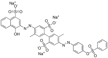 [1,1'-Biphenyl]-2,2'-disulfonic acid, 4-[(1-hydroxy-4-sulfo-2-naphthalenyl) azo]-5,5'-dimethyl-4'-[[4-[(phenylsulfonyl )oxy]phenyl]azo]-, trisodium salt Struktur