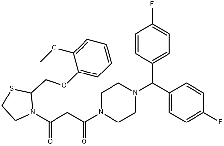 1-[4-[bis(4-fluorophenyl)methyl]piperazin-1-yl]-3-[2-[(2-methoxyphenox y)methyl]thiazolidin-3-yl]propane-1,3-dione Struktur