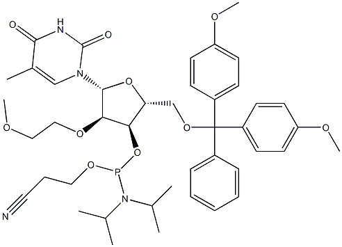 (2R,3R,4R,5R)-2-((BIS(4-METHOXYPHENYL)(PHENYL)METHOXY)METHYL)-4-(2-METHOXYETHOXY)-5-(5-METHYL-2,4-DIOXO-3,4-DIHYDROPYRIMIDIN-1(2H)-YL)TETRAHYDROFURAN-3-YL 2-CYANOETHYL DIISOPROPYLPHOSPHORAMIDITE Structure