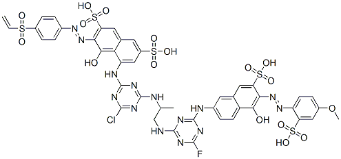 2,7-Naphthalenedisulfonic acid, 5-4-chloro-6-2-4-fluoro-6-5-hydroxy-6-(4-methoxy-2-sulfophenyl)azo-7-sulfo-2-naphthalenylamino-1,3,5-triazin-2-ylamino-1-methylethylamino-1,3,5-triazin-2-ylamino-3-4-(ethenylsulfonyl)phenylazo-4-hydroxy-, sodium salt Struktur