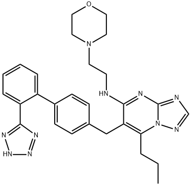 N-(2-morpholin-4-ylethyl)-2-propyl-3-[[4-[2-(2H-tetrazol-5-yl)phenyl]p henyl]methyl]-1,5,7,9-tetrazabicyclo[4.3.0]nona-2,4,6,8-tetraen-4-amin e Struktur