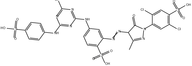 4-[[4-chloro-6-[(4-sulphophenyl)amino]-1,3,5-triazin-2-yl]amino]-2-[[1-(2,5-dichloro-4-sulphophenyl)-4,5-dihydro-3-methyl-5-oxo-1H-pyrazol-4-yl]azo]benzenesulphonic acid Struktur