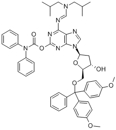 N6-(DIISOBUTYLAMINOMETHYLIDENE)-5'-O-(DIMETHOXYTRITYL)-O2-(DIPHENYLCARBAMOYL )-2'-DEOXYISOGUANOSINE Struktur