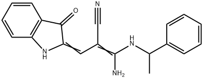 (Z)-3-amino-2-[(Z)-(3-oxo-1H-indol-2-ylidene)methyl]-3-(1-phenylethyla mino)prop-2-enenitrile Struktur