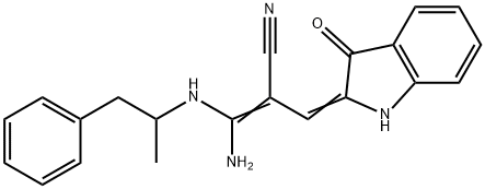 (Z)-3-amino-2-[(Z)-(3-oxo-1H-indol-2-ylidene)methyl]-3-(1-phenylpropan -2-ylamino)prop-2-enenitrile Struktur