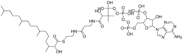 [5-(6-aminopurin-9-yl)-4-hydroxy-2-[[hydroxy-[hydroxy-[3-hydroxy-3-[2-[2-(2-hydroxy-3,7,11,15-tetramethyl-hexadecanoyl)sulfanylethylcarbamoyl]ethylcarbamoyl]-2,2-dimethyl-propoxy]-phosphoryl]oxy-phosphoryl]oxymethyl]oxolan-3-yl]oxyphosphonic acid Struktur