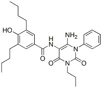 Benzamide,  N-(6-amino-1,2,3,4-tetrahydro-2,4-dioxo-1-phenyl-3-propyl-5-pyrimidinyl)-3,5-dibutyl-4-hydroxy- Struktur