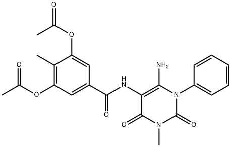 Benzamide,  3,5-bis(acetyloxy)-N-(6-amino-1,2,3,4-tetrahydro-3-methyl-2,4-dioxo-1-phenyl-5-pyrimidinyl)-4-methyl- Struktur