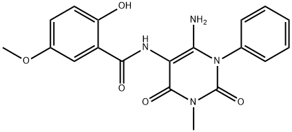 Benzamide,  N-(6-amino-1,2,3,4-tetrahydro-3-methyl-2,4-dioxo-1-phenyl-5-pyrimidinyl)-2-hydroxy-5-methoxy- Struktur