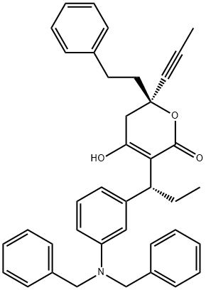 [R-(R*,R*)]-3-[1-[3-[Bis(phenylmethyl)amino]phenyl]propyl]-5,6-dihydro-4-hydroxy-6-(2-phenylethyl)-6-(1-propynyl)-2H-pyran-2-one Struktur