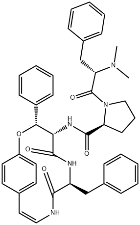 L-Prolinamide, N,N-dimethyl-L-phenylalanyl-N-(5,8-dioxo-3-phenyl-7-(ph enylmethyl)-2-oxa-6,9-diazabicyclo(10.2.2)hexadeca-10,12,14,15-tetraen -4-yl)-, (3R-(3R*,4S*,7S*))-, sulfamate Struktur