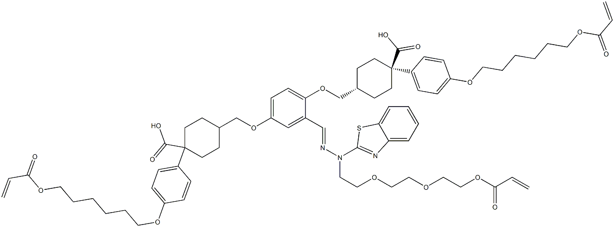 Cyclohexanecarboxylic acid, 4,4'-[[2-[(1E)-3-(2-benzothiazolyl)-13-oxo-6,9,12-trioxa-2,3-diazapentadeca-1,14-dien-1-yl]-1,4-phenylene]bis(oxymethylene)]bis-, 1,1'-bis[4-[[6-[(1-oxo-2-propen-1-yl)oxy]hexyl]oxy]phenyl] ester, (trans,trans)- Struktur