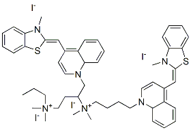 3-[dimethyl-[4-[4-[(E)-(3-methylbenzothiazol-2-ylidene)methyl]quinolin -1-yl]butyl]ammonio]propyl-dimethyl-[4-[4-[(E)-(3-methylbenzothiazol-2 -ylidene)methyl]quinolin-1-yl]butyl]azanium tetraiodide Struktur