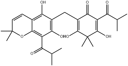 2-[[5,7-Dihydroxy-8-(1-oxoisobutyl)-2,2-dimethyl-2H-1-benzopyran-6-yl]methyl]-3,5-dihydroxy-6-(1-oxoisobutyl)-4,4-dimethyl-2,5-cyclohexadien-1-one Struktur