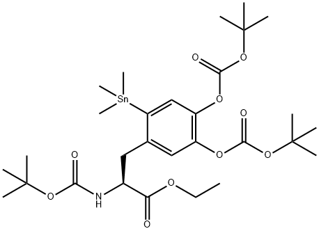 N-(tert-butoxycarbonyl)-3,4-di(tert-butoxycarbonyloxy)-6-(trimethylstannyl)-L-phenylalanine ethyl ester Struktur