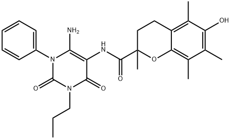 2H-1-Benzopyran-2-carboxamide,  N-(6-amino-1,2,3,4-tetrahydro-2,4-dioxo-1-phenyl-3-propyl-5-pyrimidinyl)-3,4-dihydro-6-hydroxy-2,5,7,8-tetramethyl- Struktur