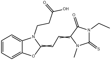 1-Methyl-3-ethyl-5-[2-(3-(2-carboxyethyl)-benzoxazol-2-ylidene)-ethylidene]-2-thioxo-imidazolidin-4-one Struktur