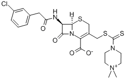 (6R,7R)-7-[[2-(3-chlorophenyl)acetyl]amino]-3-[(4,4-dimethyl2,3,5,6-te trahydropyrazine-1-carbothioyl)sulfanylmethyl]-8-oxo-5-thia-1-azabicyc lo[4.2.0]oct-2-ene-2-carboxylate Struktur