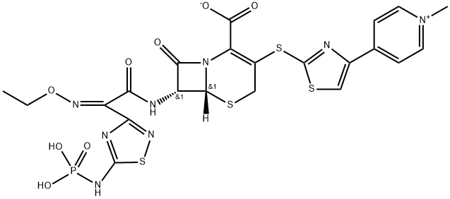 PyridiniuM, 4-[2-[[(6R,7R)-2-carboxy-7-[[(2Z)-2-(ethoxyiMino)-2-[5-(phosphonoaMino)-1,2,4-thiadiazol-3-yl]acetyl]aMino]-8-oxo-5-thia-1-azabicyclo[4.2.0]oct-2-en-3-yl]thio]-4-thiazolyl]-1-Methyl-, inner salt Struktur