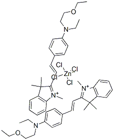 bis[2-[2-[4-[(2-ethoxyethyl)ethylamino]phenyl]vinyl]-1,3,3-trimethyl-3H-indolium] tetrachlorozincate  Struktur